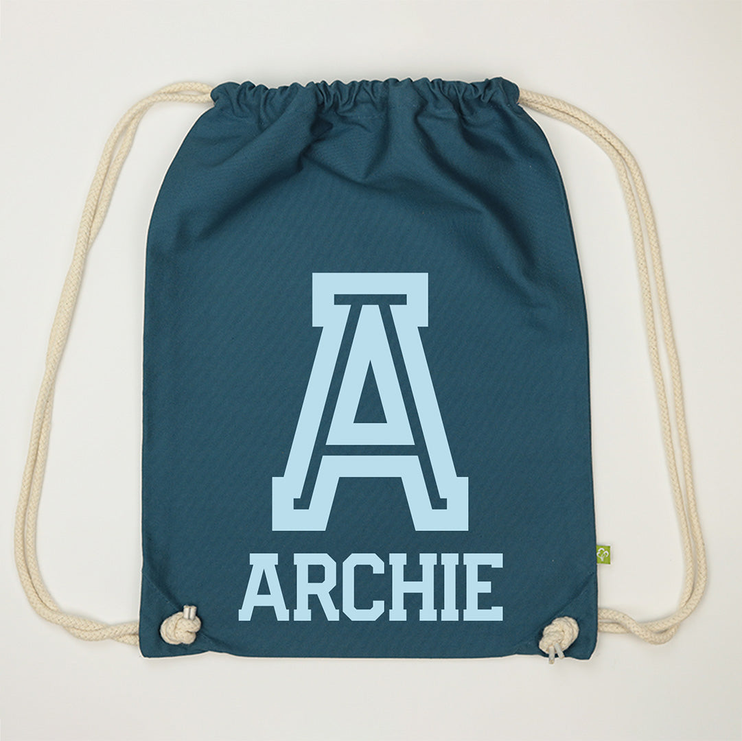 Personalised Organic Drawstring Bag - Varsity Letter/Name