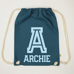 Personalised Organic Drawstring Bag - Varsity Letter/Name